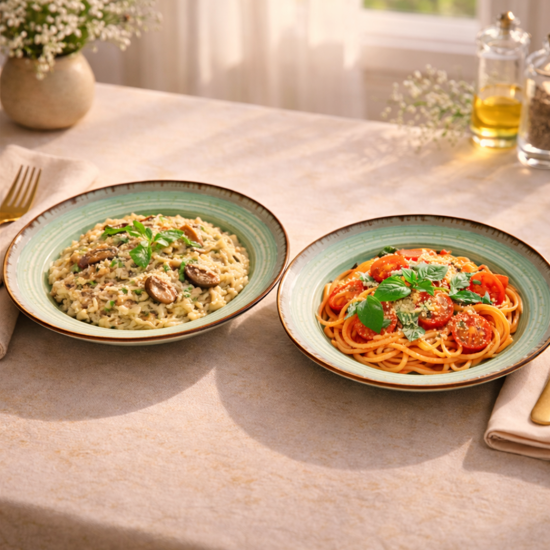 IndoCasa Handcrafted Ceramic Pasta Plate Set of 2,4 | Deep Round 9” Plates for Pasta, Salads, Bowls & Mains | Microwave & Dishwasher Safe | Sage Green with Speckled Glaze| Gift-Ready