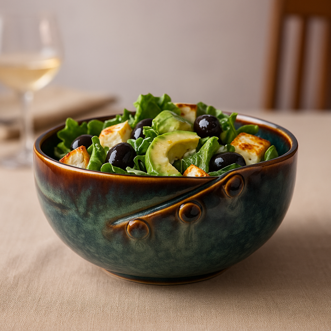 Ceramic bowl with green-teal glaze filled with salad, avocado, olives and paneer cubes – IndoCasa serveware