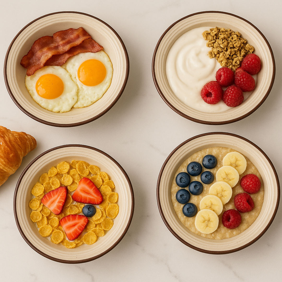 IndoCasa Handcrafted Ceramic Shallow Breakfast Bowls Set of 4 | 18 cm Speckled Off-White with Brown Rim