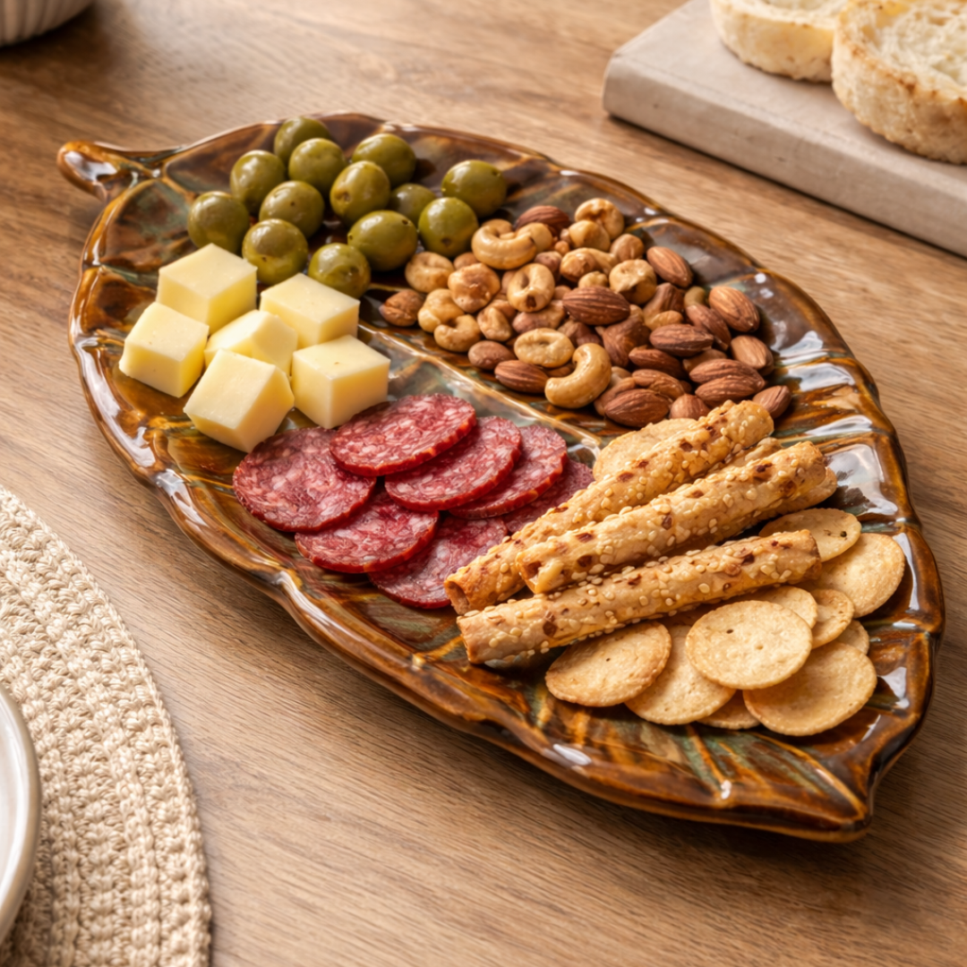 IndoCasa Handcrafted Leaf-Shaped Ceramic Platter | Brown & Green Glazed | 13” Snack & Appetiser Plate | Microwave Safe | Made in India