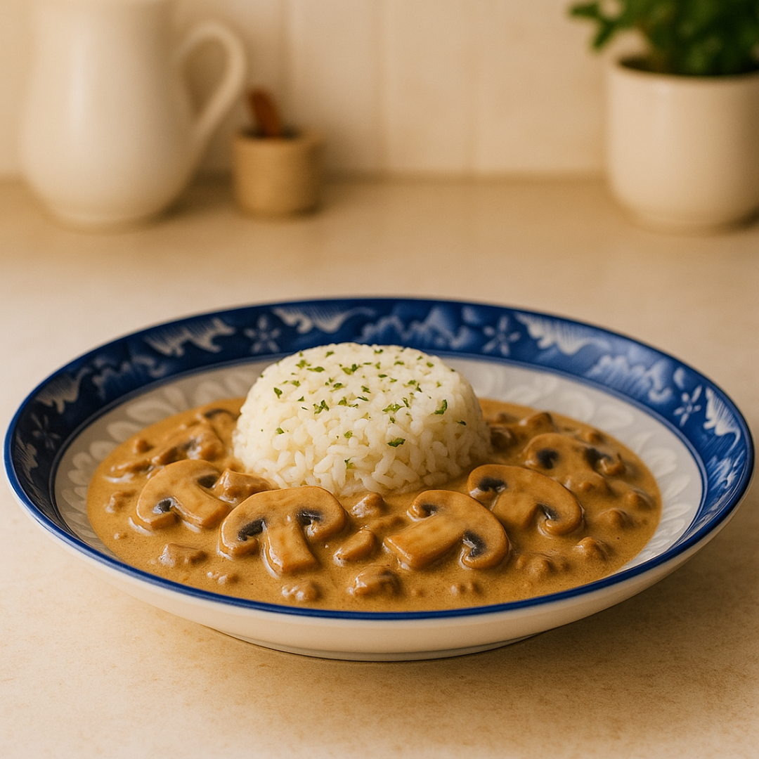 Pasta plate used for mushroom curry and rice, highlighting multi-purpose design