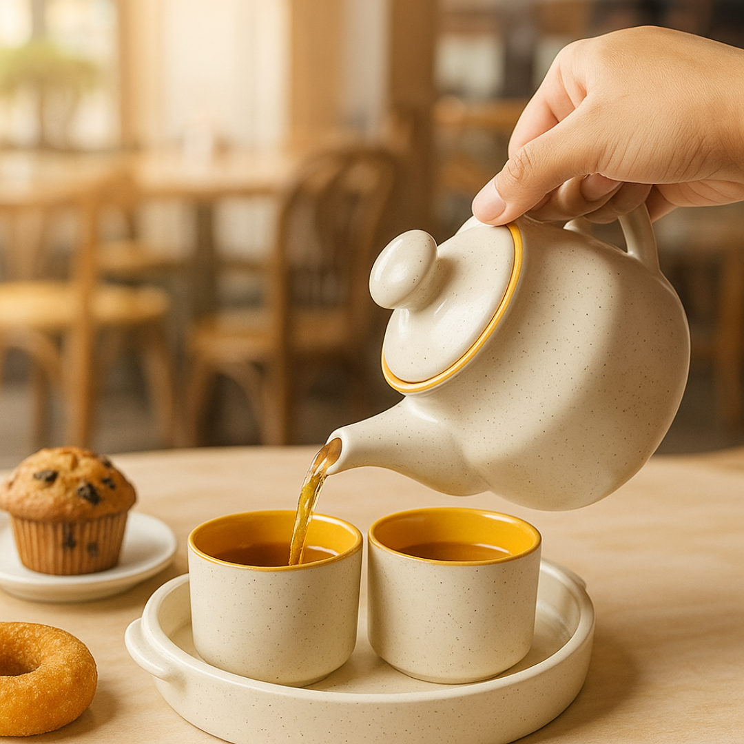 Hand pouring tea from elegant beige teapot into two mustard-lined cups on a tray; cozy café ambiance with muffins and donuts in the background.