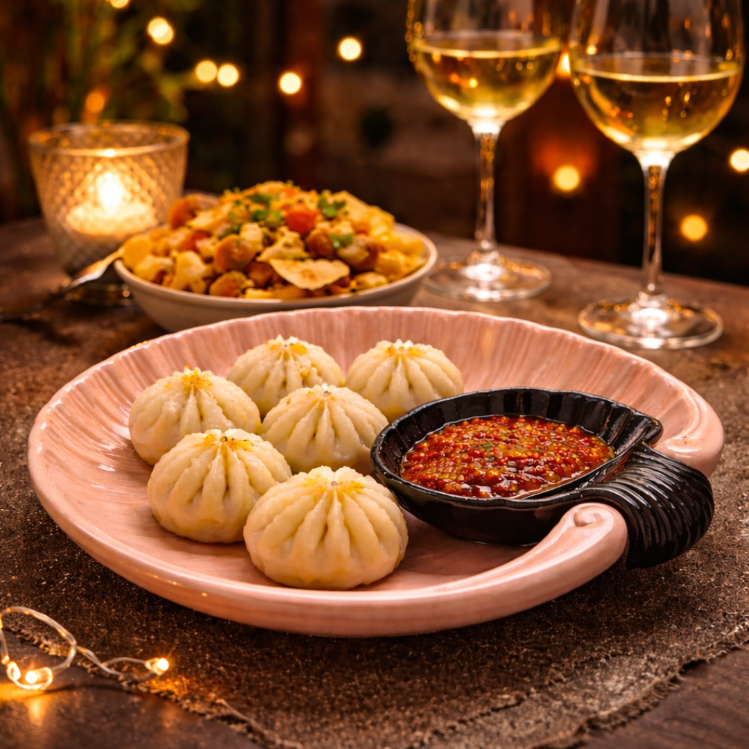 IndoCasa Shell-Shaped Ceramic Platter with Dip Bowl – White & Black | 11”