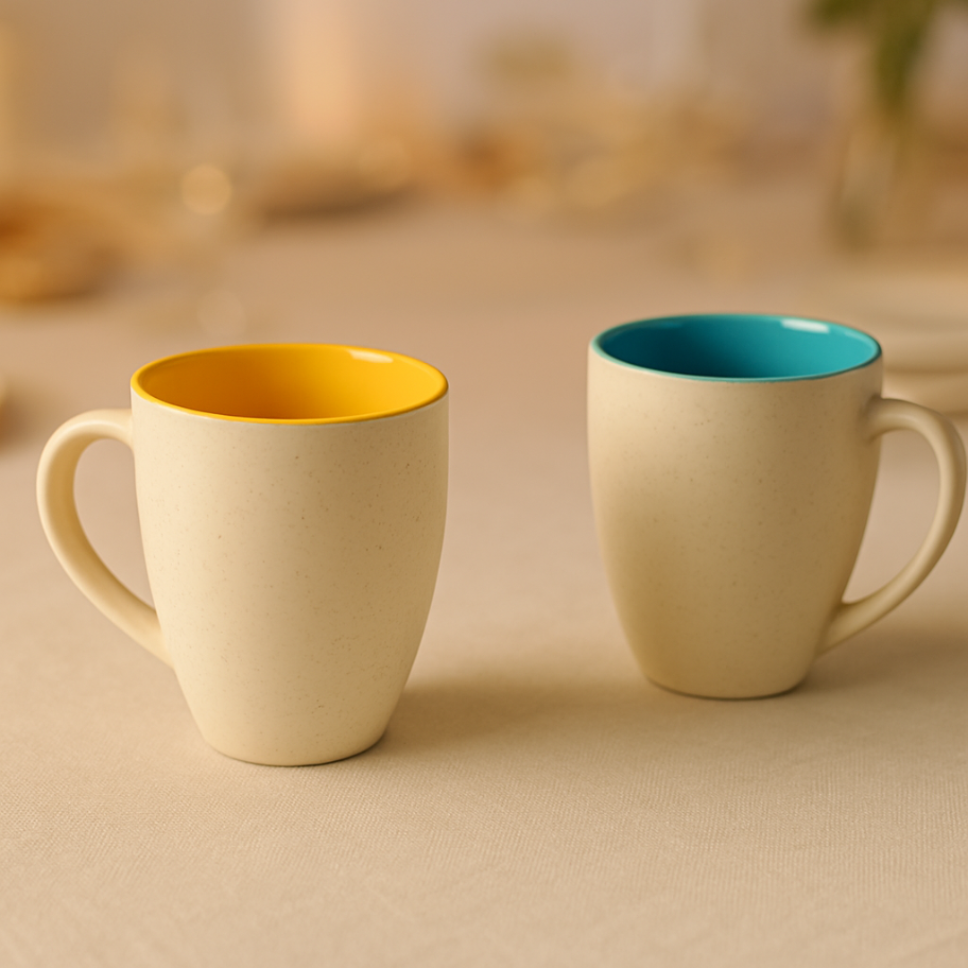 Yellow and teal IndoCasa ceramic mugs placed on soft beige tablecloth