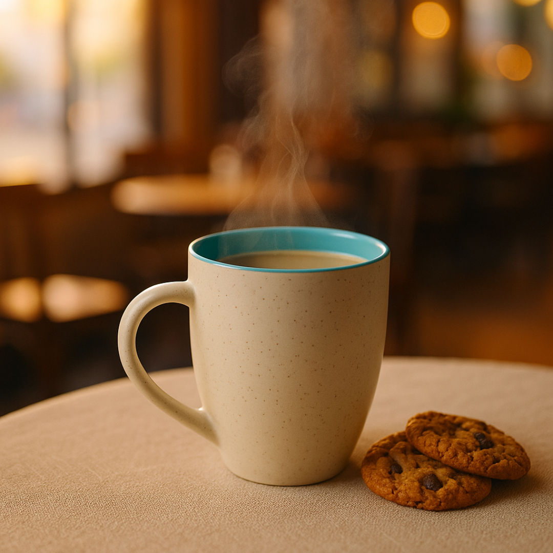 Steaming teal IndoCasa ceramic mug with cookies in cozy café setting