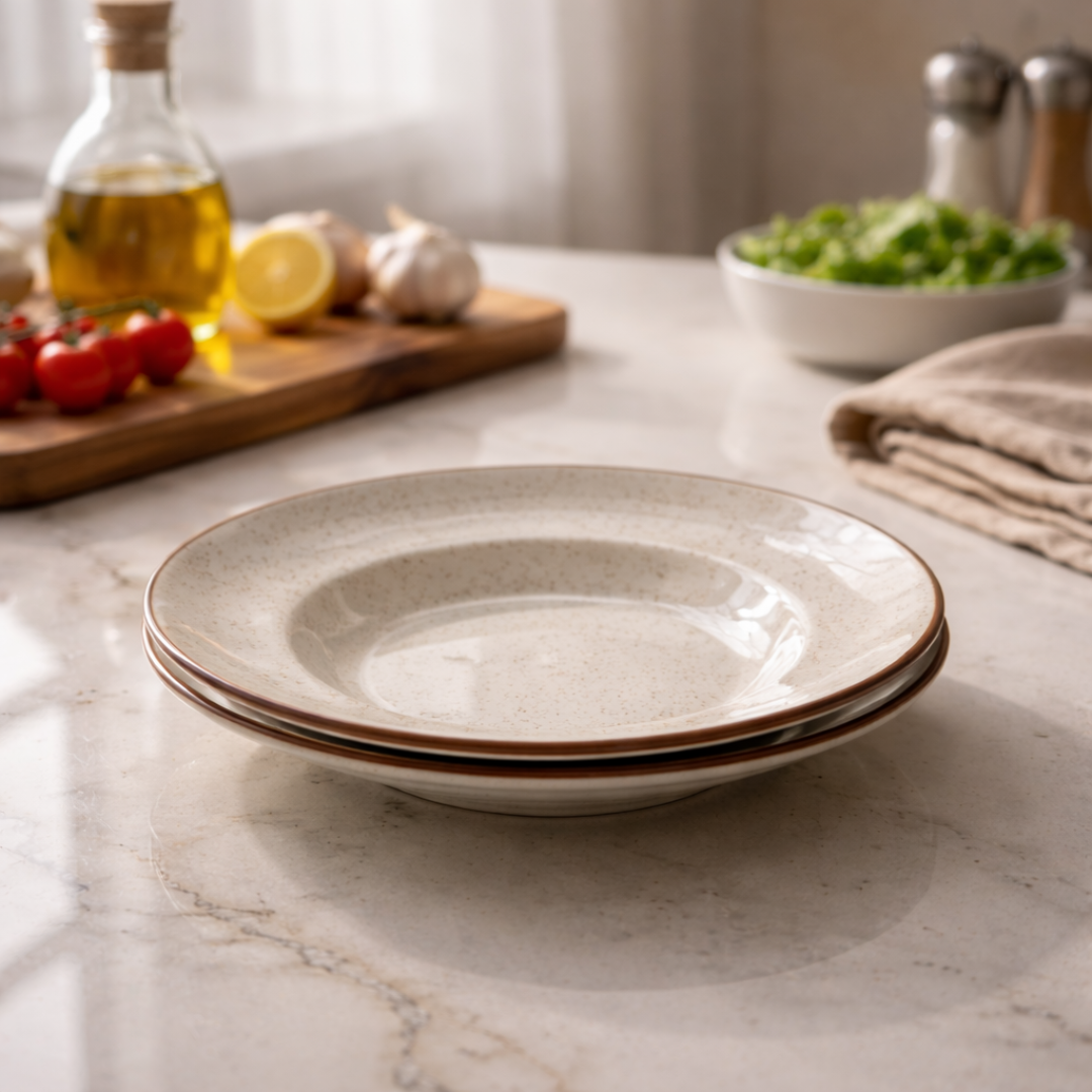 IndoCasa Handcrafted Ceramic Pasta Plates | Speckled Off-White with Brown Rim | 26.5 cm | Set of 2 / 4