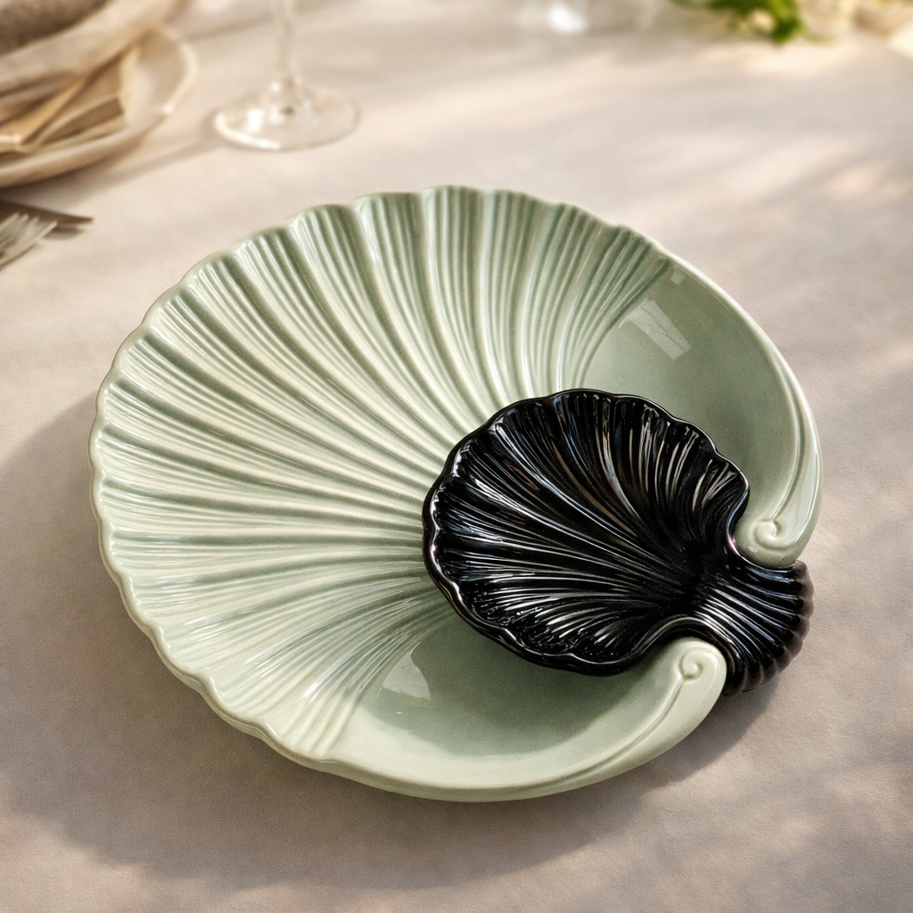 IndoCasa Shell-Shaped Ceramic Platter with Dip Bowl – 11”