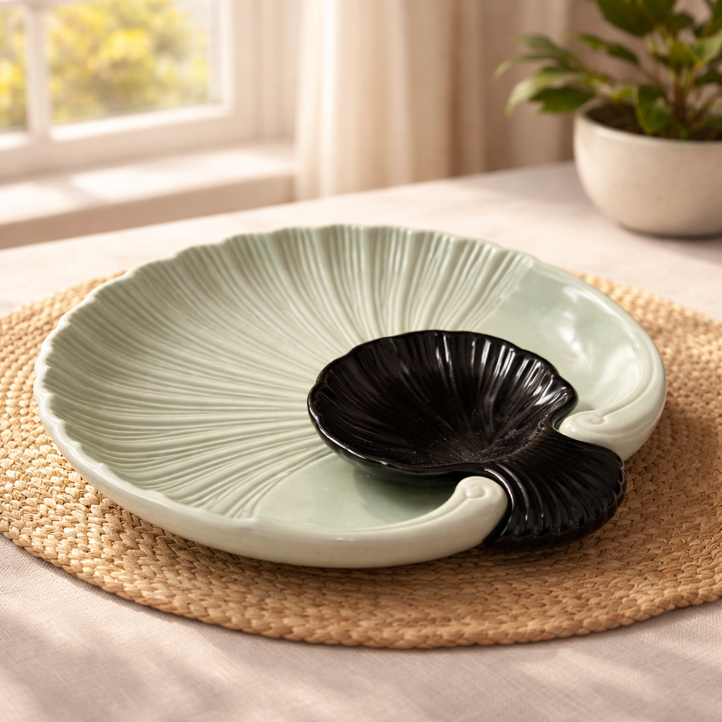 IndoCasa Shell-Shaped Ceramic Platter with Dip Bowl – 11”
