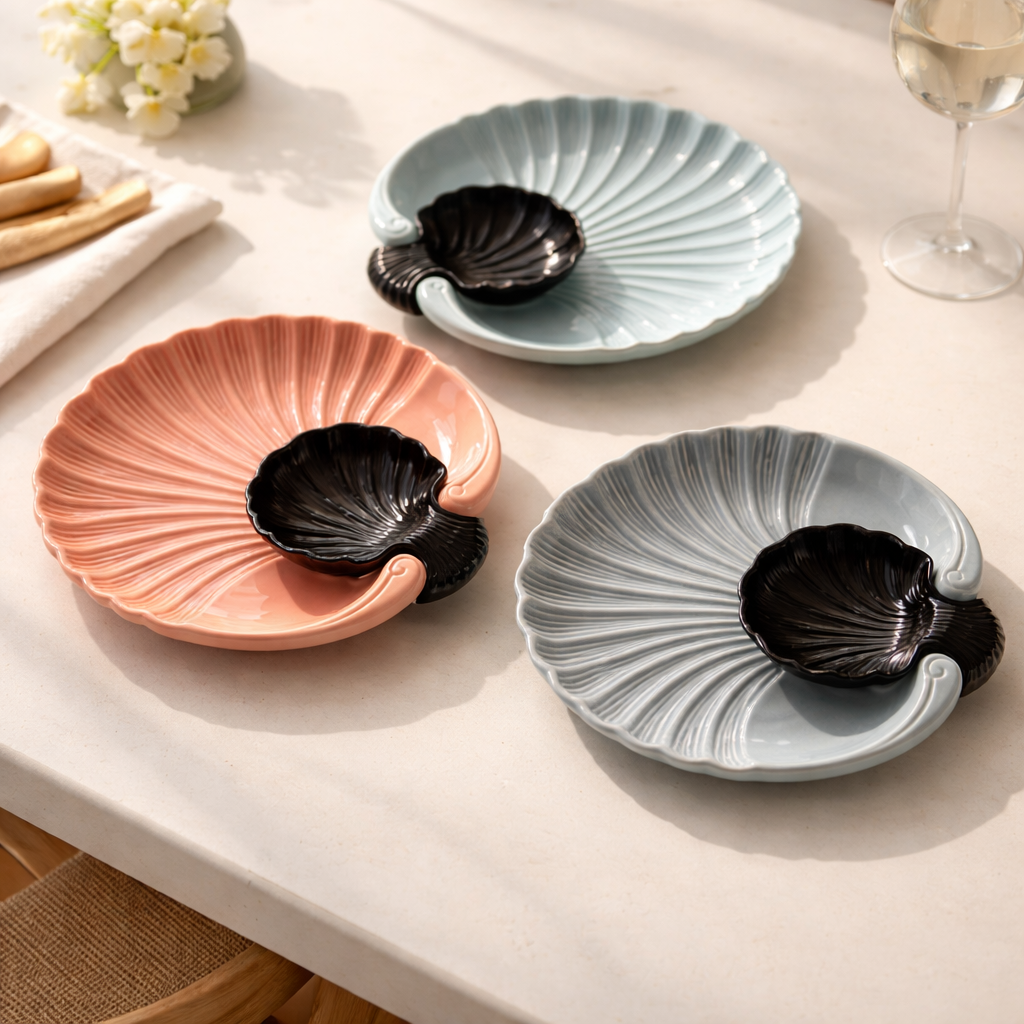 IndoCasa Shell-Shaped Ceramic Platter with Dip Bowl – 11”