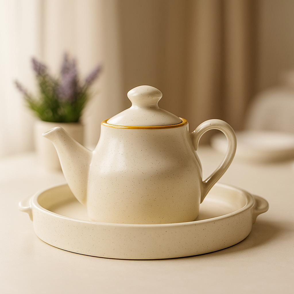 IndoCasa Contemporary Chic Handcrafted Ceramic Tea Set – Speckled Off-White & Yellow | Set of 4